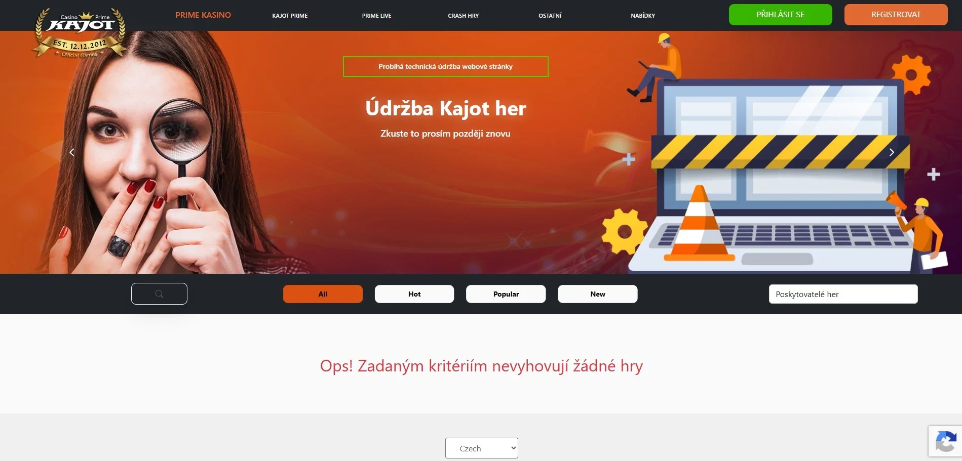 Oficiální KAJOT Casino Prime web v době provozního stavu k 3. 9. 2026