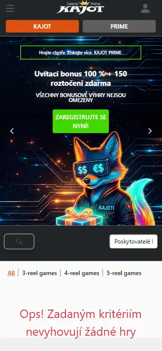 KAJOT Casino Prime v mobilním viewportu s webovým rozhraním