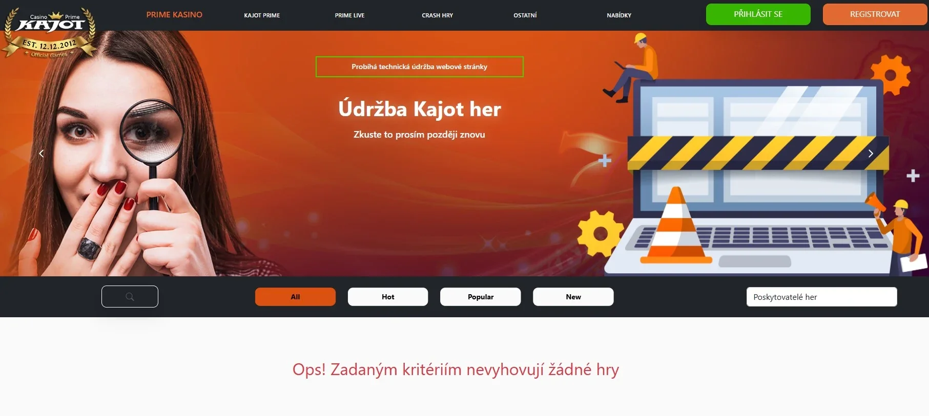Aktuální lobby KAJOT Casino s viditelnými kategoriemi her